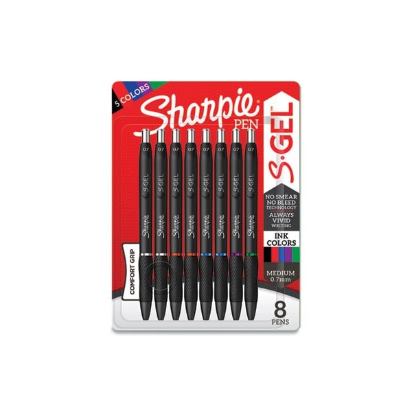 Sharpie S-GEL RETRACTABLE GEL PEN, MEDIUM 0.7 MM, ASSORTED INK, BLACK BARREL, 8PK 2126231 - main